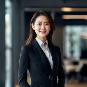美母骑士创始人林晨曦，身着深色正装，面带自信微笑，站在现代化办公室内，展现出专业领导者的气质与风范