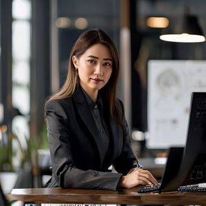 美母骑士品牌总监苏雅婷，优雅专业的女性形象，坐在设计工作台前查看品牌视觉方案，展现出对美学与品牌的深度理解