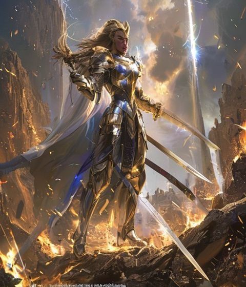 美母骑士身着金色圣骑铠甲手持圣光长剑在战场废墟中英姿飒爽的史诗场景，光芒四射气势磅礴